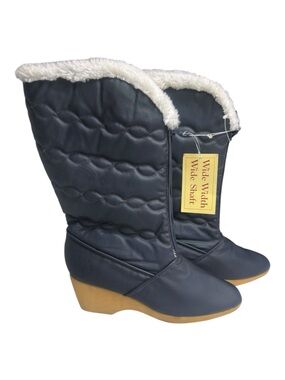Vtg 80s Deadstock Quilted Winter Boots Navy Blue Wedge Faux Fur NWT Wide Shaft